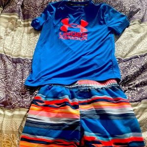 Boys UnderArmour swim suit and rash guard shirt; YLG; never used
